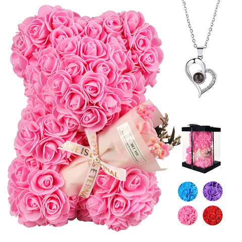 K KYMAKE front view of rose teddy bear showing elegant gift-ready appeal
