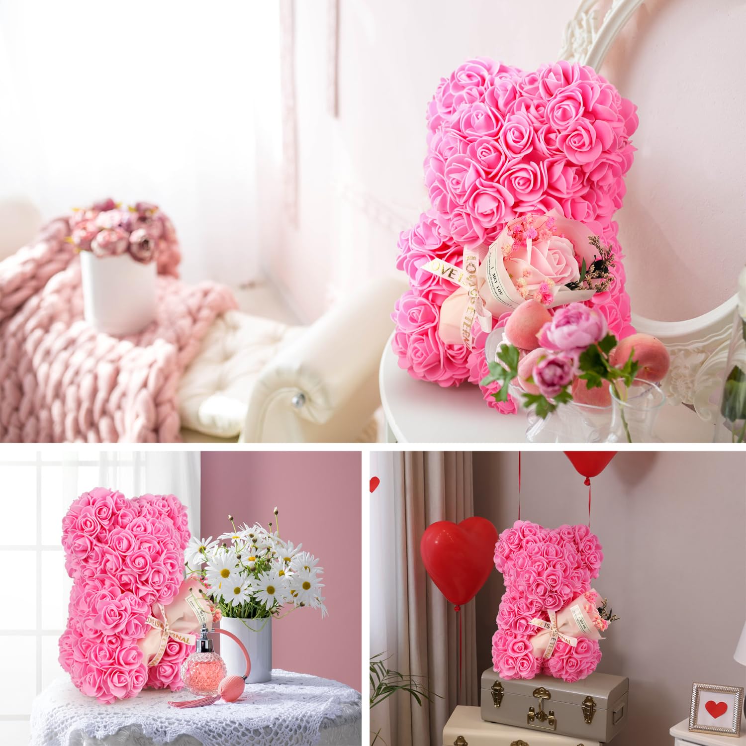 K KYMAKE rose bear placed on a vanity adding charm and decorative warmth to room