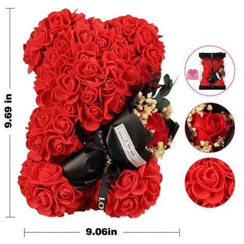 K KYMAKE rose bear next to hand for scale to demonstrate compact, giftable size