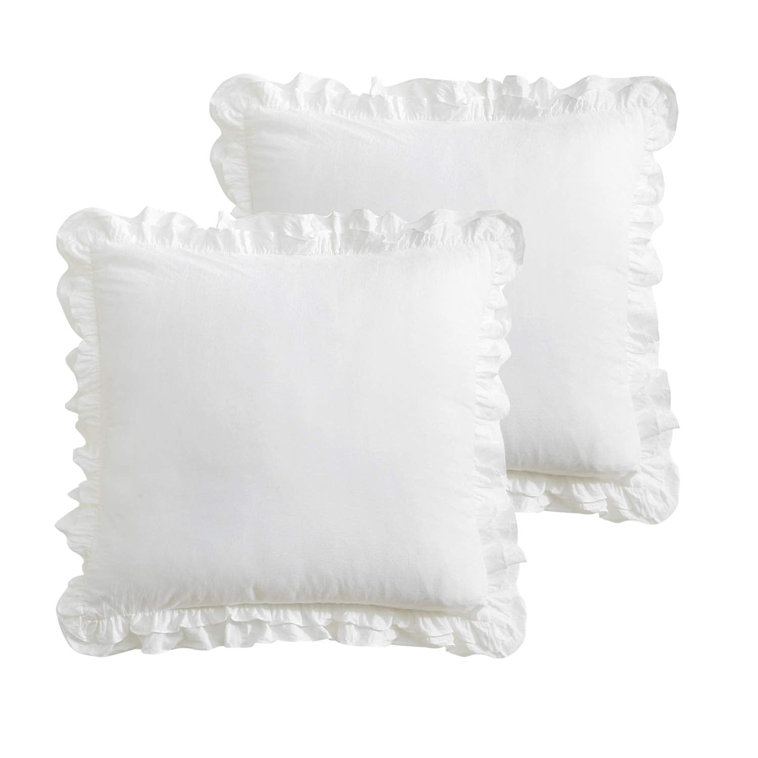 K MASANIJI front view of both off white Euro shams showing ruffled edges and clean styling, adds cottage charm
