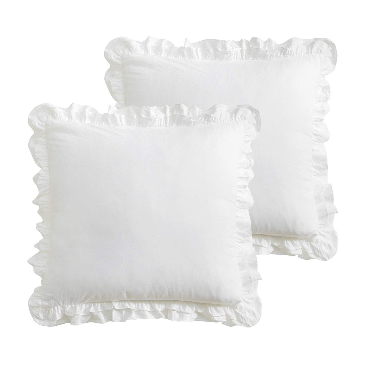 K MASANIJI front view of both off white Euro shams showing ruffled edges and clean styling, adds cottage charm