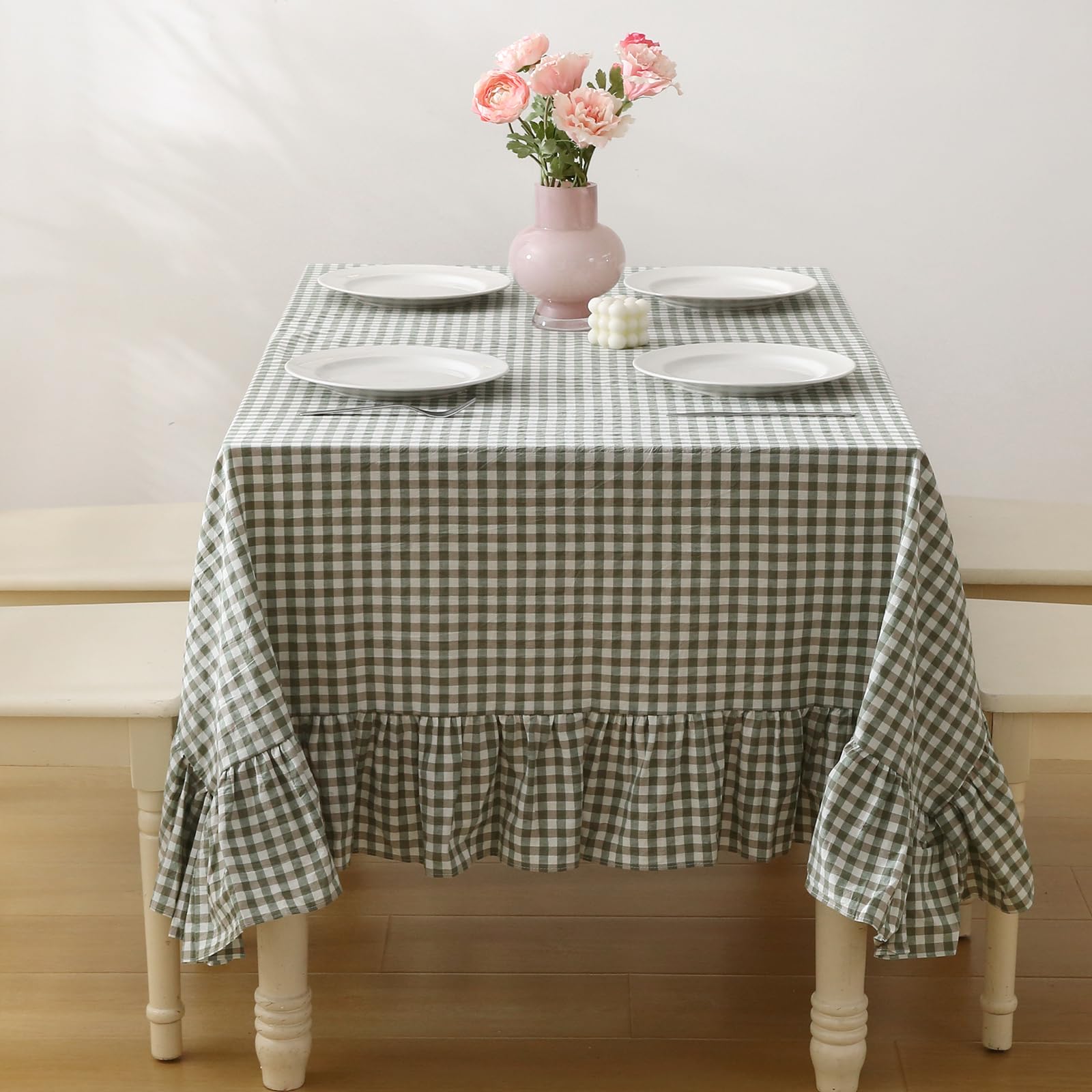 K MASANIJI front view showing full sage gingham pattern and clean finish benefits styling