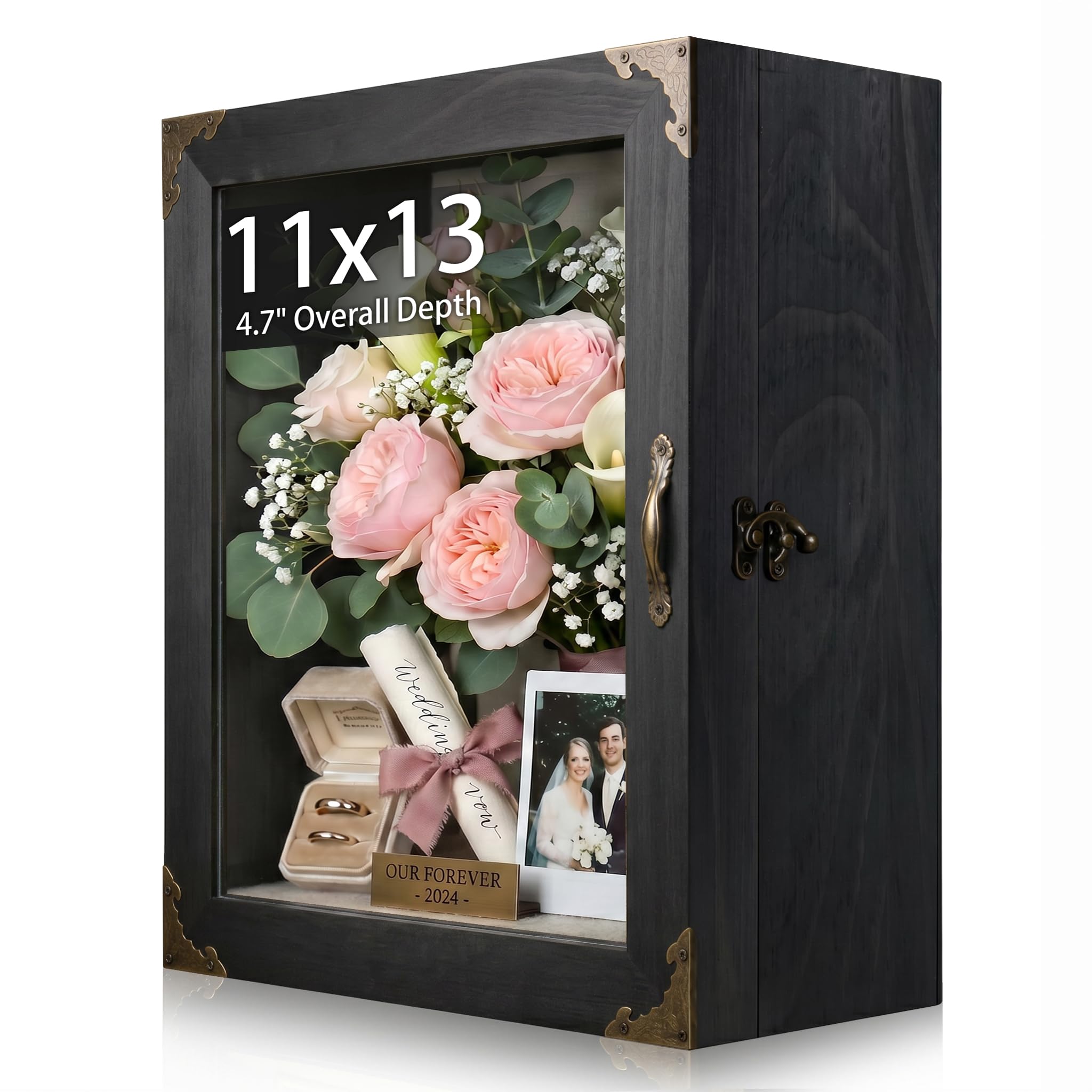 KAASTHAA front view of shadow box showing glass door and elegant finish for protection