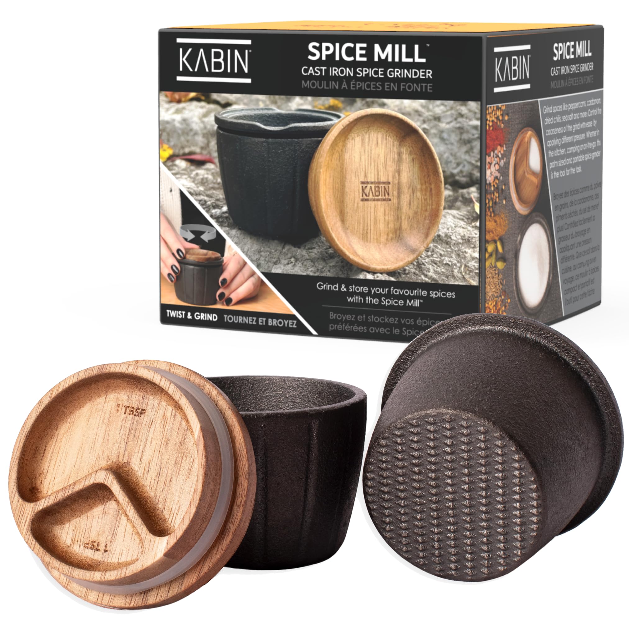 KABIN spice mill front view showing cast iron body and wooden lid, durable design benefit