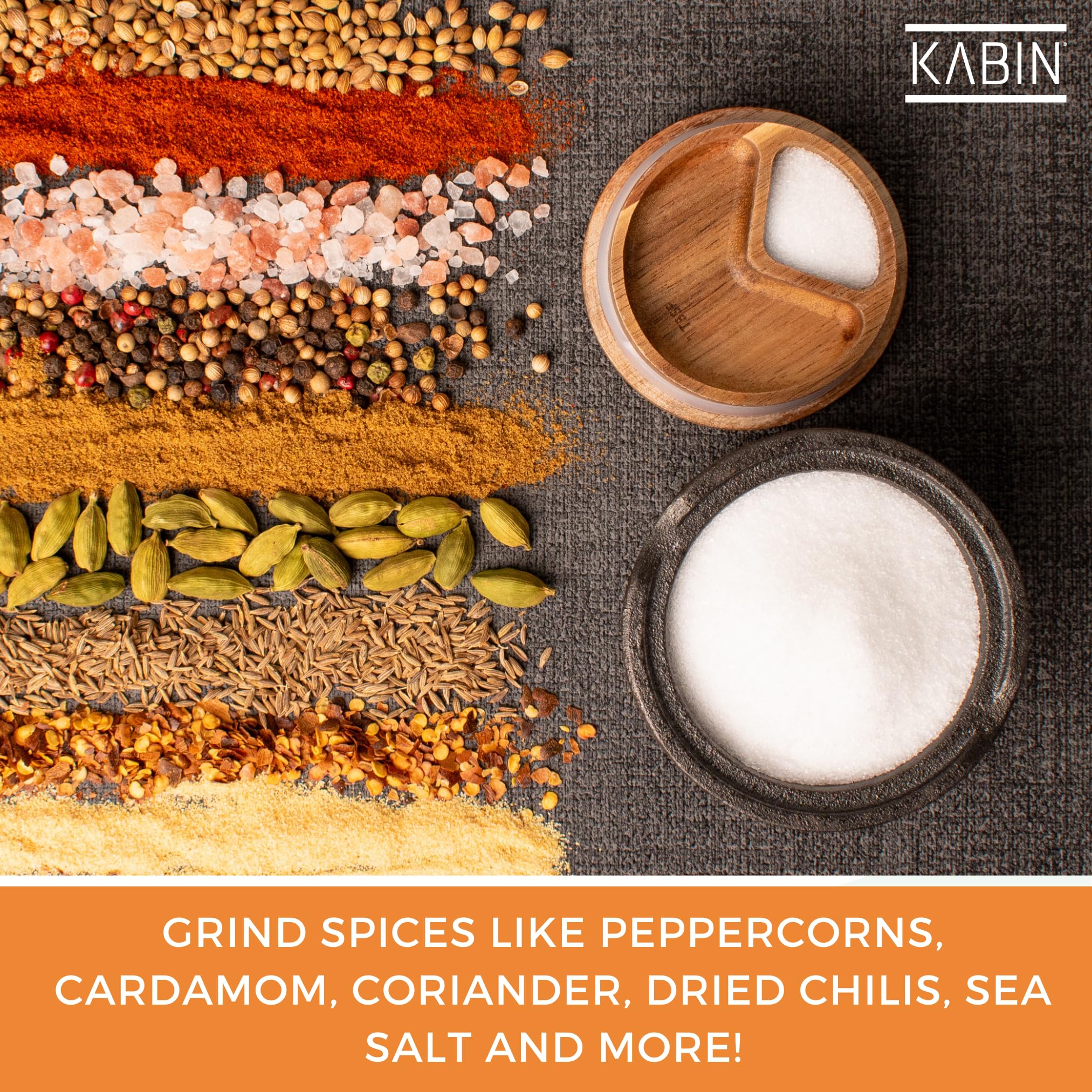 KABIN spice mill in use grinding peppercorns, delivers freshly ground flavor benefit