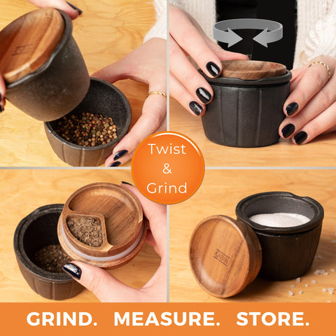 KABIN spice mill lid detail highlighting acacia wood and gasket for freshness retention