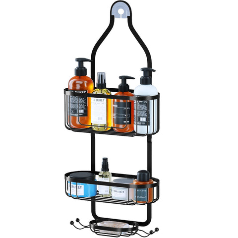 Kadolina hanging shower caddy front view showing organized shelves and bottles benefit: neat storage