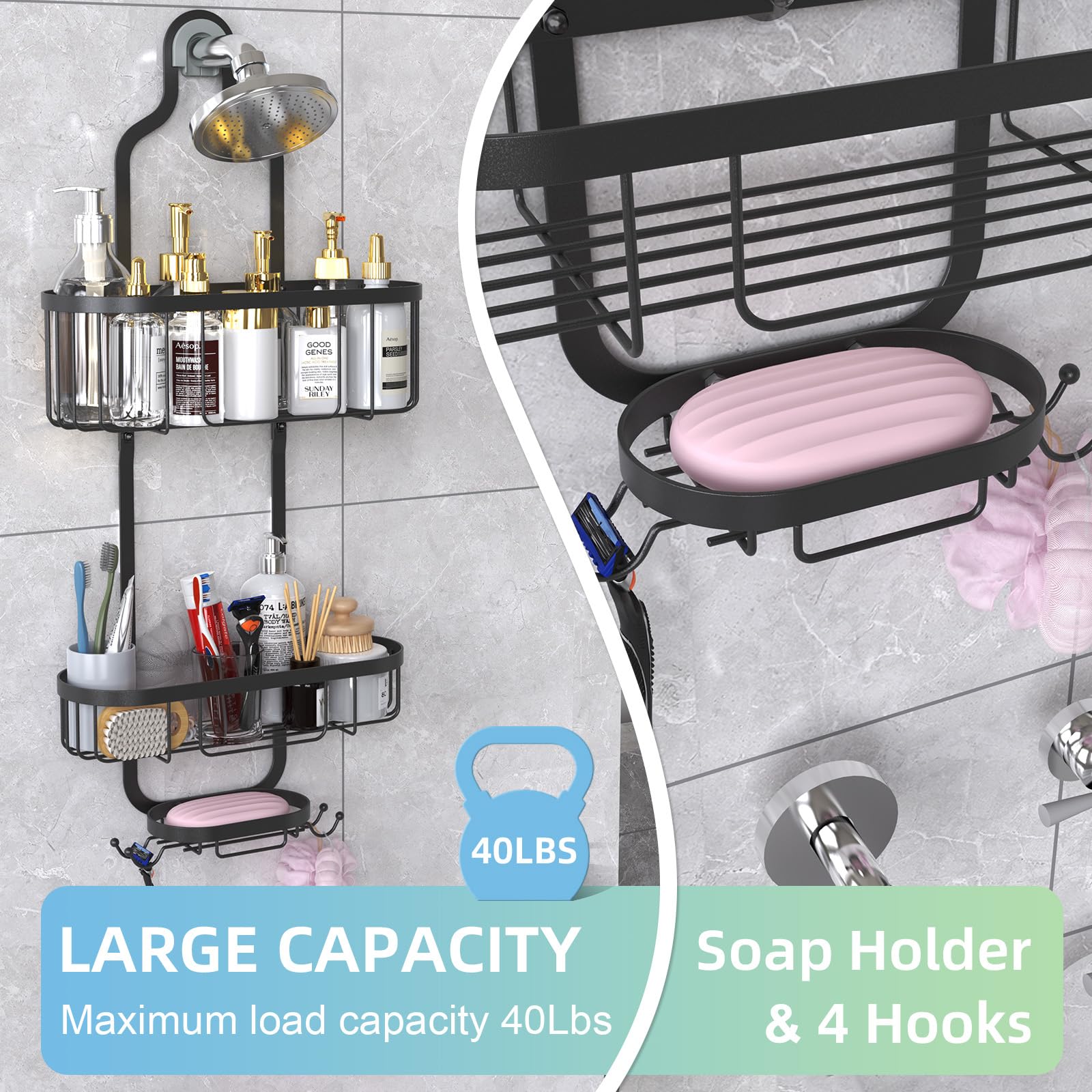 Kadolina integrated soap dish closeup highlighting drainage benefit: no soggy soap