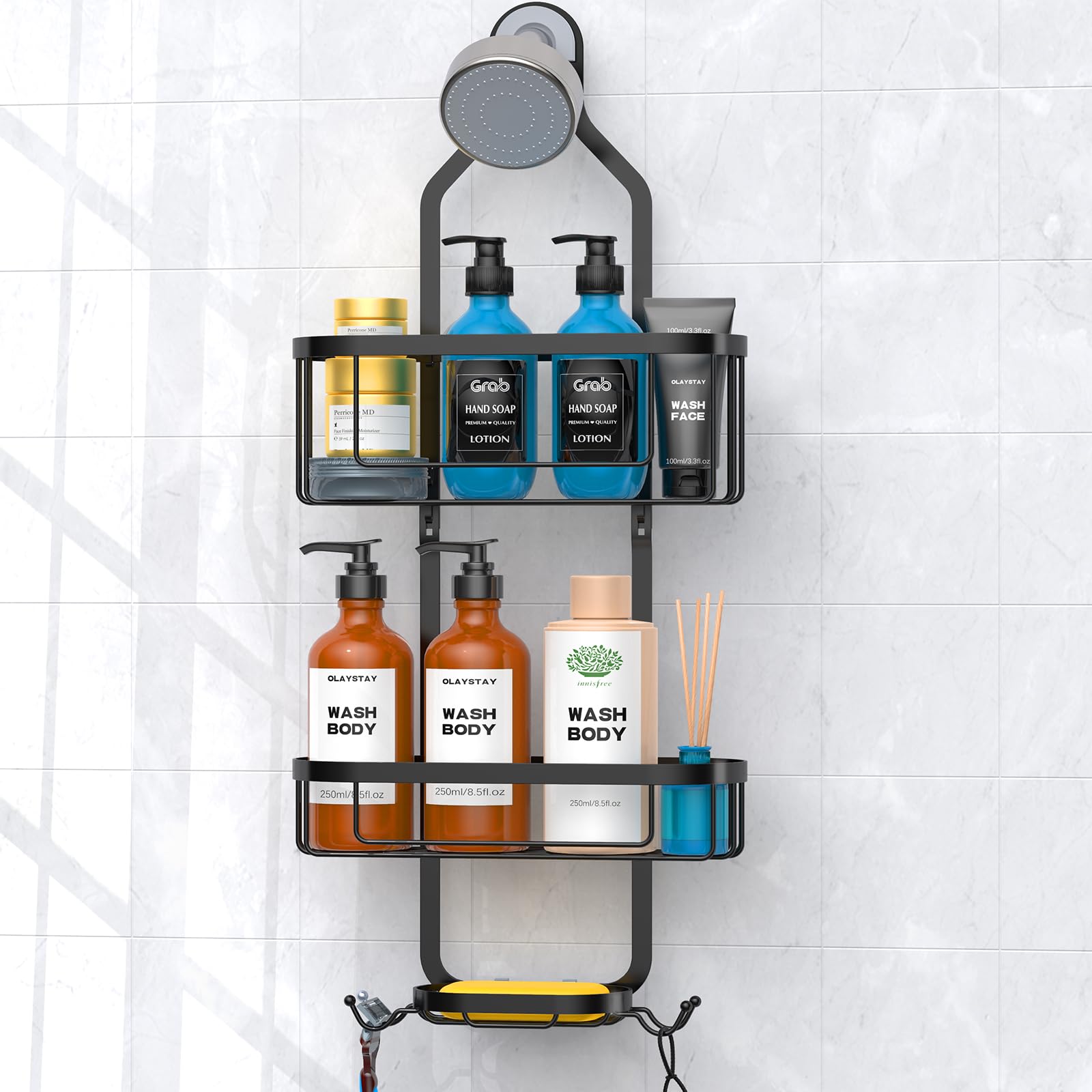 Kadolina lifestyle shower organizer in use with bottles and sponges benefit: clutter-free shower