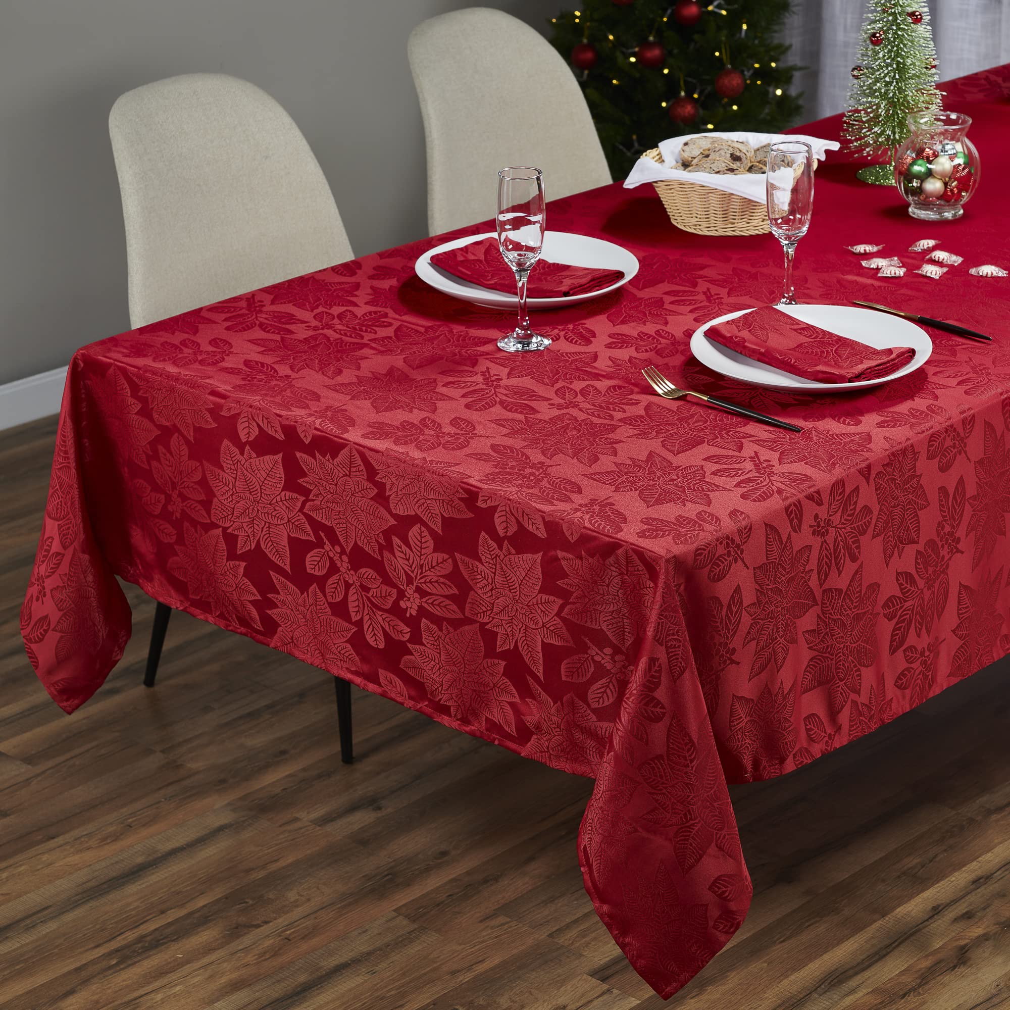 Kadut front view of poinsettia red tablecloth showing full pattern and fit