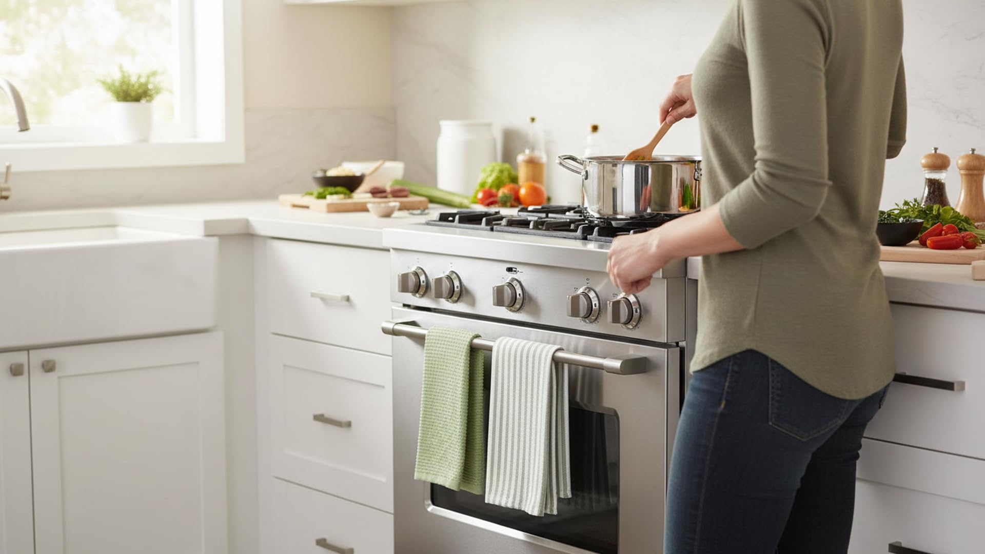 KAF Home sage towels styled in kitchen showcasing color coordination benefit