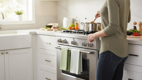KAF Home sage towels styled in kitchen showcasing color coordination benefit