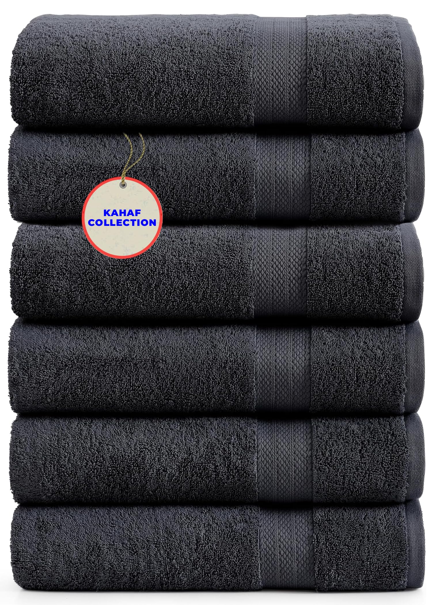 KAHAF COLLECTION front view of six-pack grey towels showing neat packaging and value