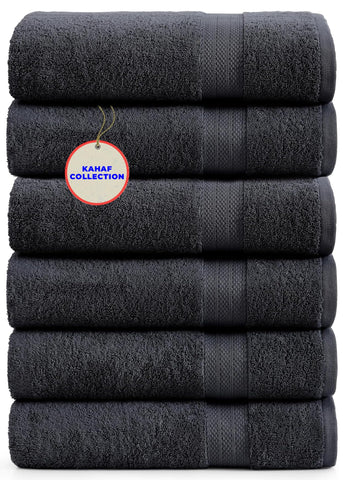 KAHAF COLLECTION front view of six-pack grey towels showing neat packaging and value