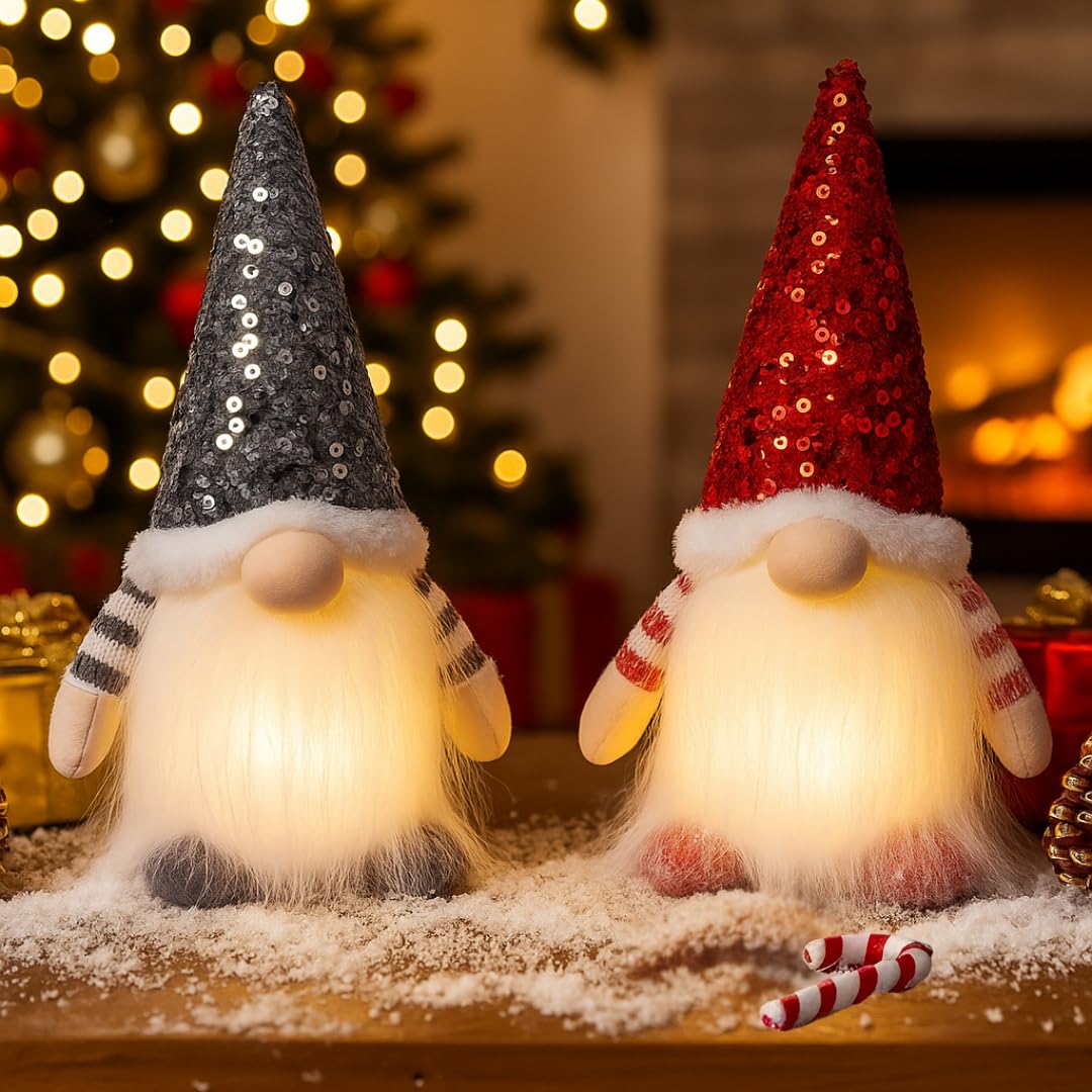 KAHF front view of two 12-inch lighted gnomes showing cozy holiday look