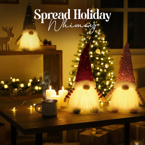 KAHF gnomes styled on mantel showing instant Scandinavian holiday charm