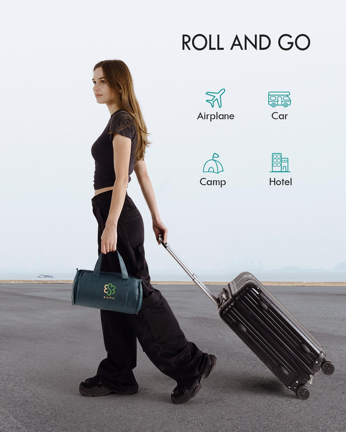 Kaisa rolled blanket in carry bag illustrating portability and travel ease