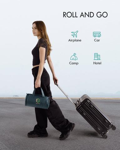 Kaisa rolled blanket in carry bag illustrating portability and travel ease