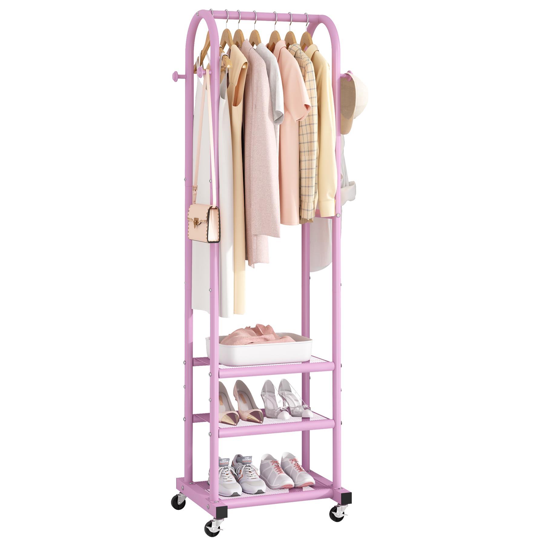 Kaitiemoo front view showing pink rack and hanging capacity for quick access