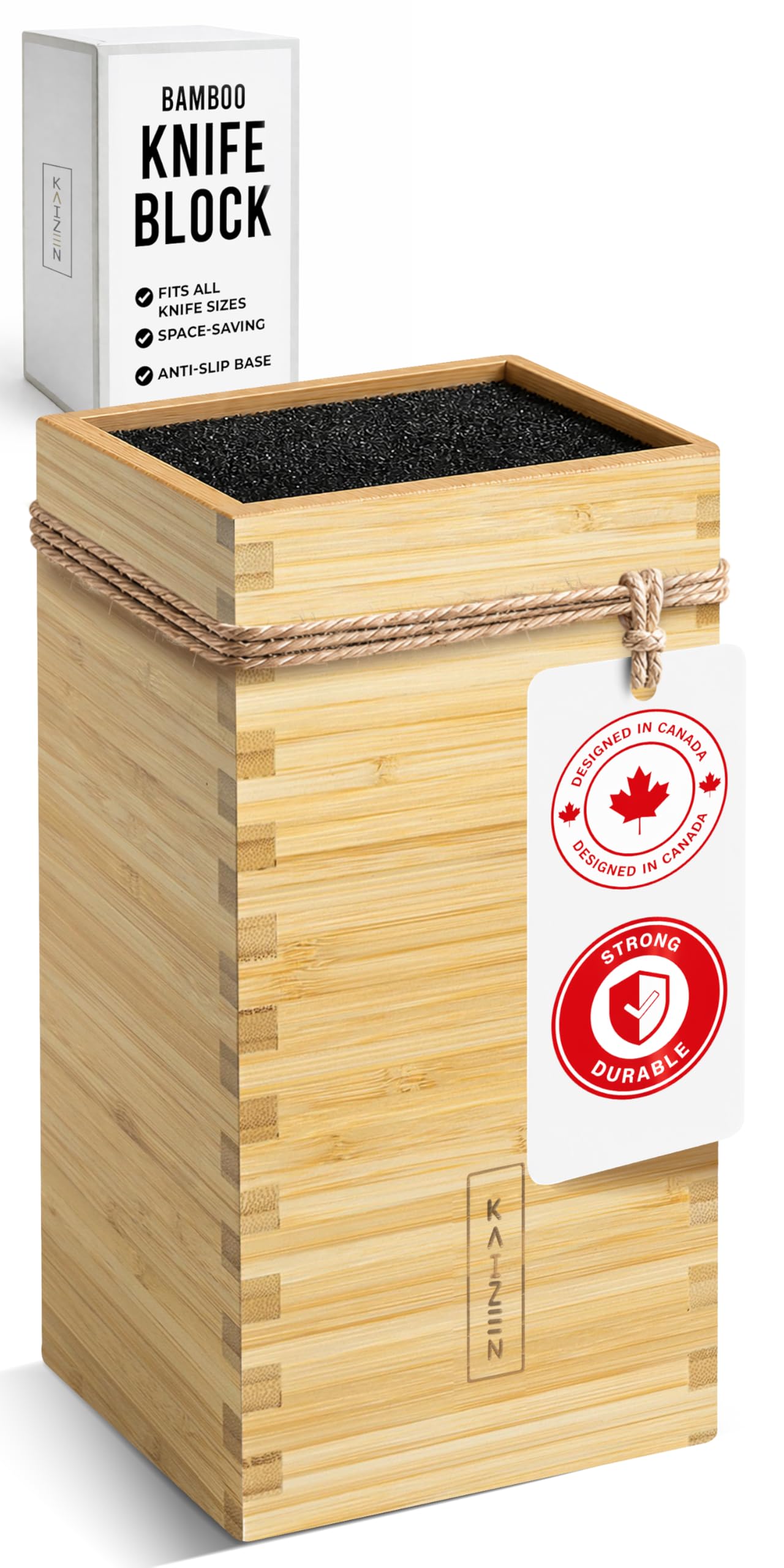 KAIZEN front view of bamboo knife block showing neat storage and quick access