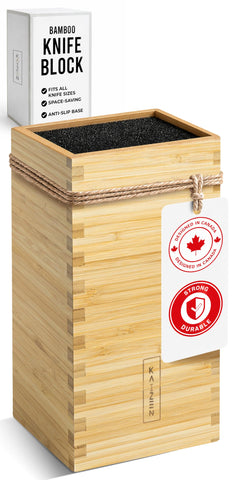 KAIZEN front view of bamboo knife block showing neat storage and quick access
