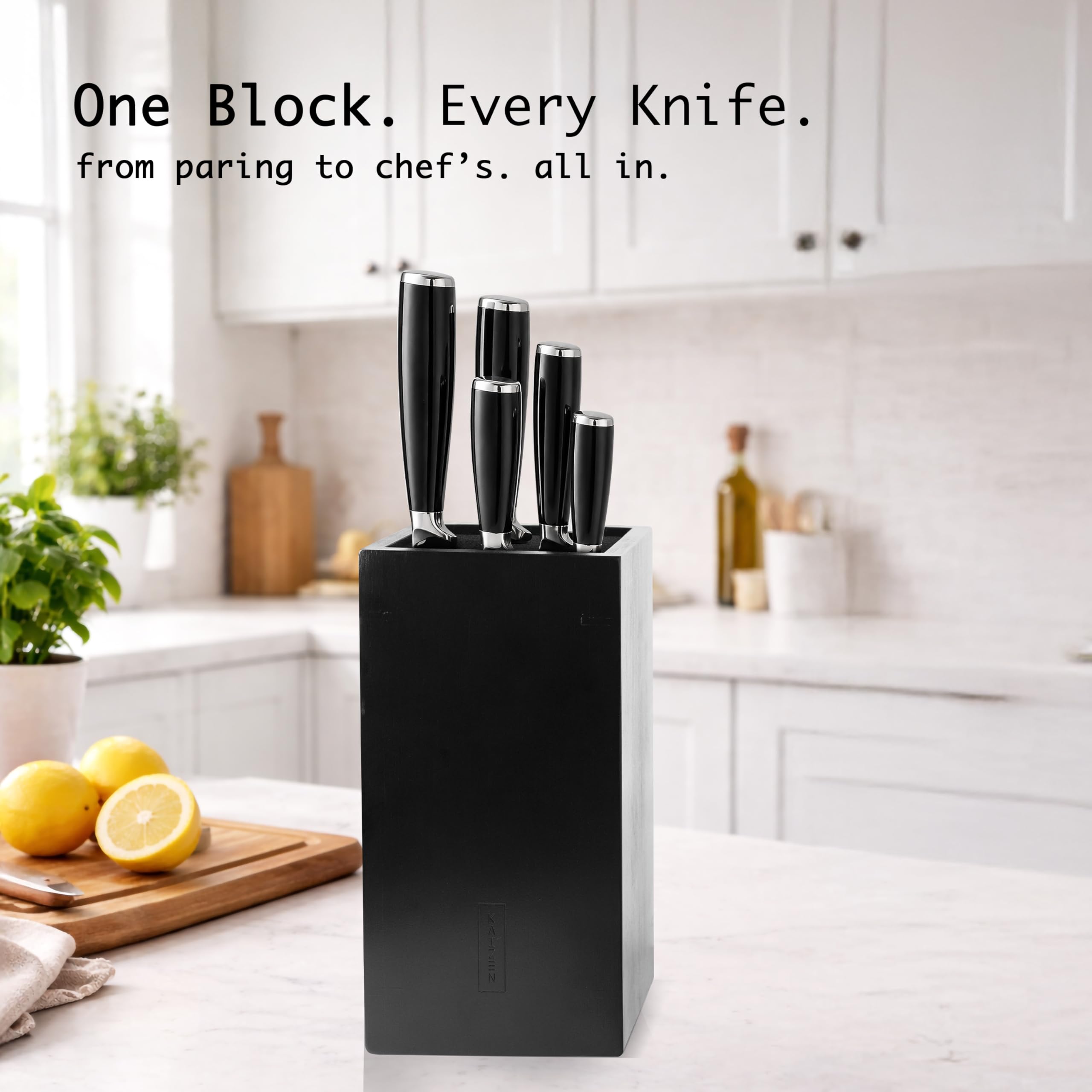 KAIZEN block displayed with mixed knives demonstrating versatile capacity