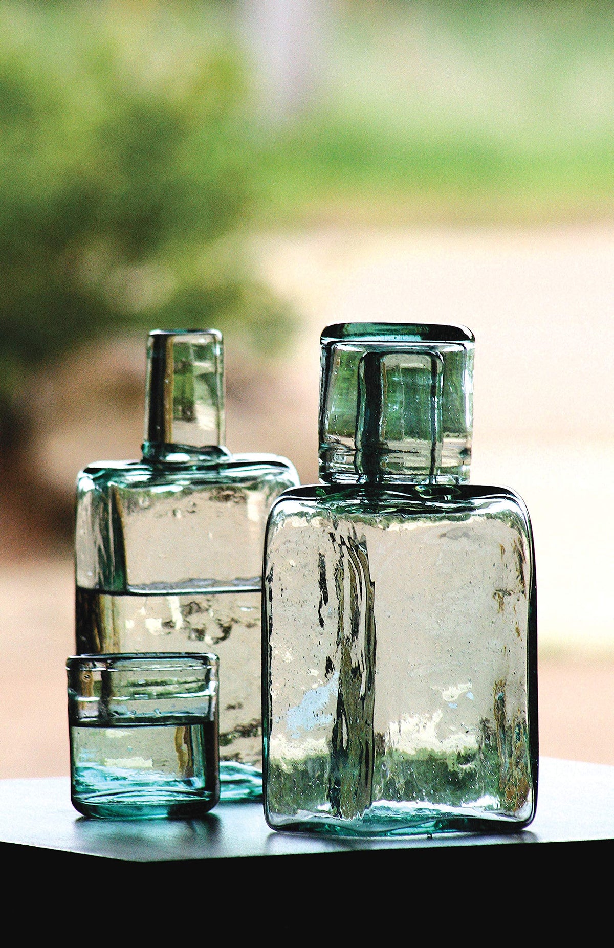 KALALOU bedside carafe front view showing green tint and sturdy shape, enhances bedside styling