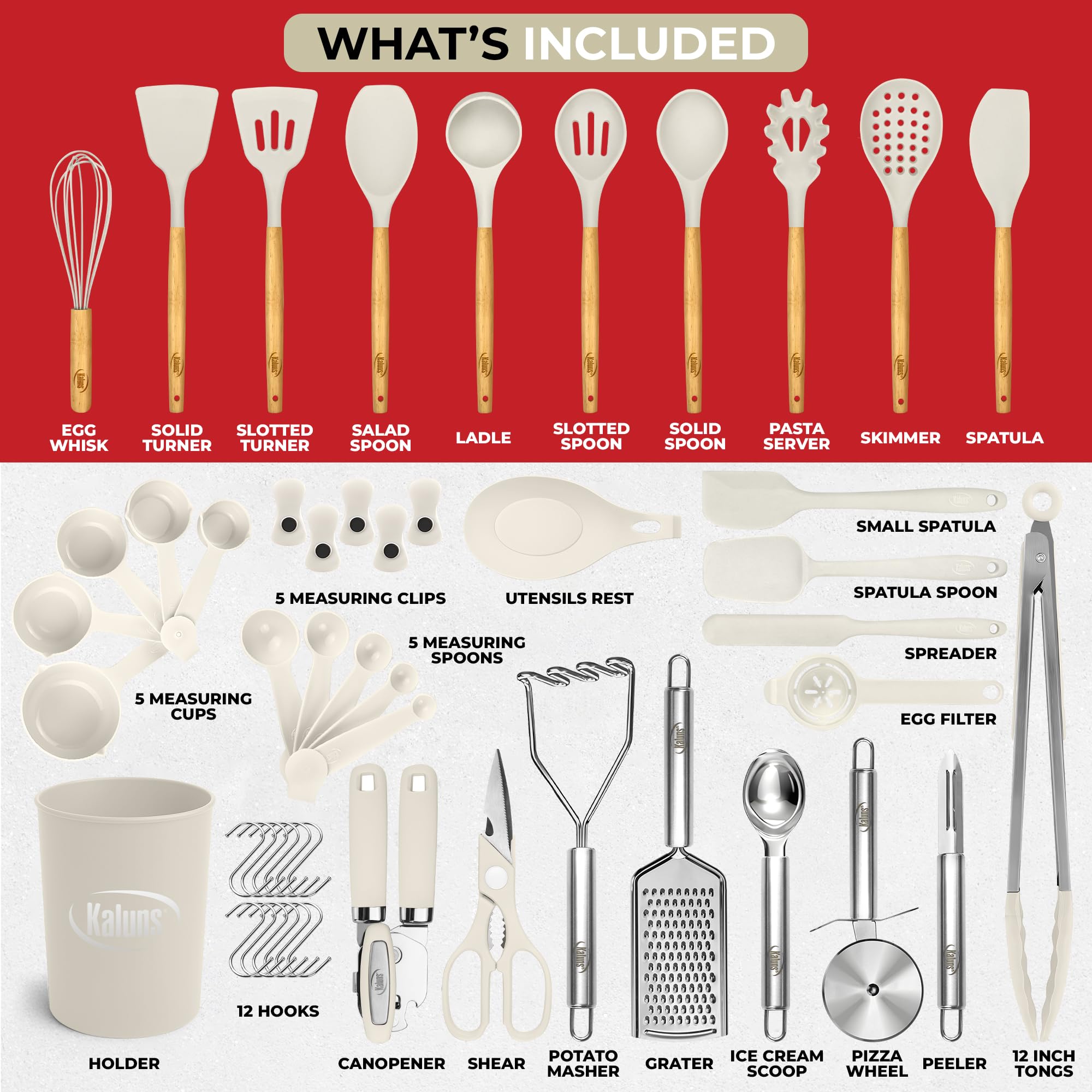 Kaluns close-up of silicone tool heads, gentle on pans and nonstick protection