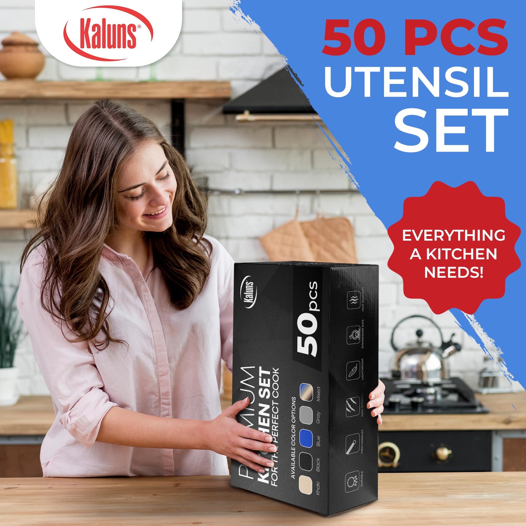 Kaluns utensils organized in holder on countertop for tidy storage and quick access