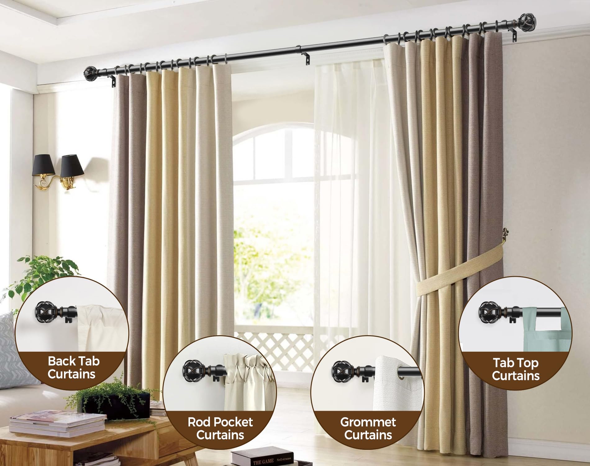KAMANINA rod holding different curtain types illustrating compatibility benefits