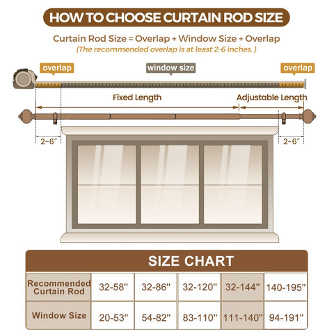KAMANINA rod beside measuring tape illustrating adjustable 32 to 144 inch sizing advantage