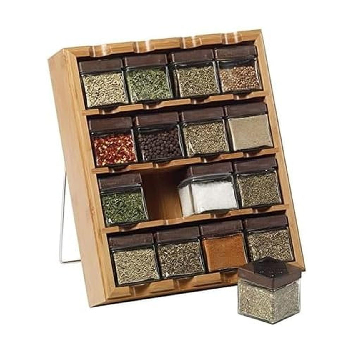 Kamenstein bamboo rack front view showing 16 labeled jars and organized access