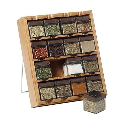 Kamenstein bamboo rack front view showing 16 labeled jars and organized access