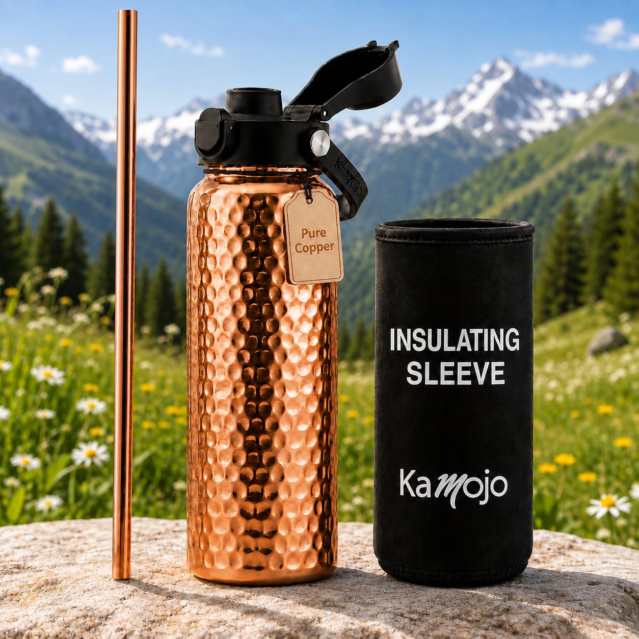 Kamojo front view of 32 oz bottle showing hammered finish and full set