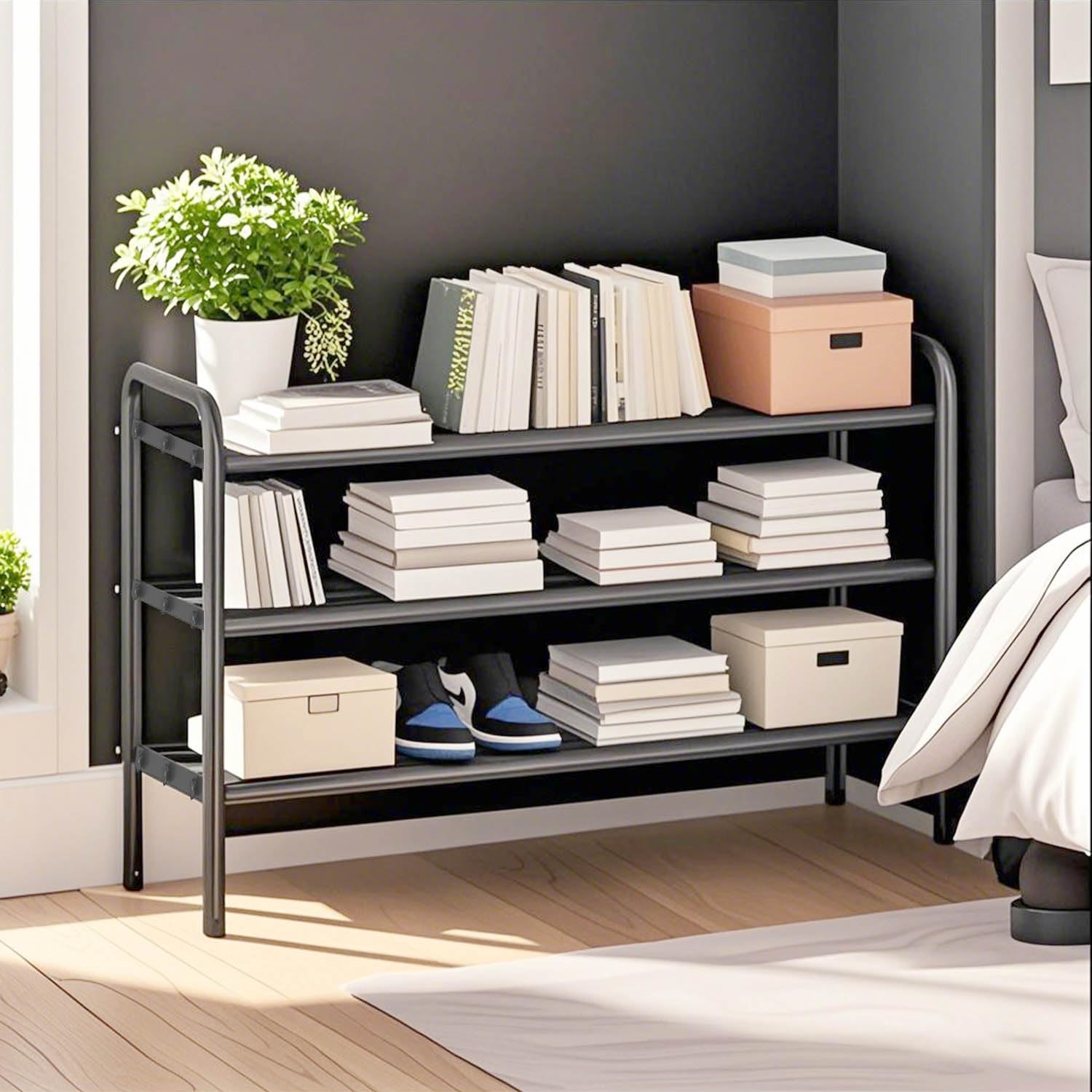 KANAV next to shoes for scale demonstrating compact footprint and capacity