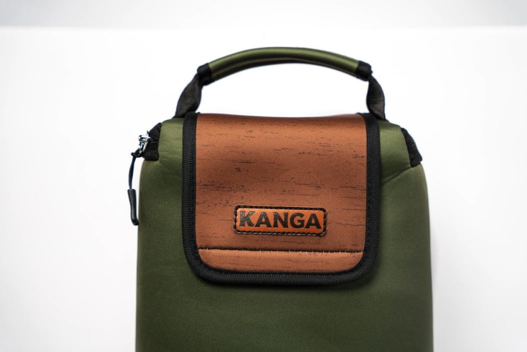 Kanga cooler next to a hand showing compact size and easy portability