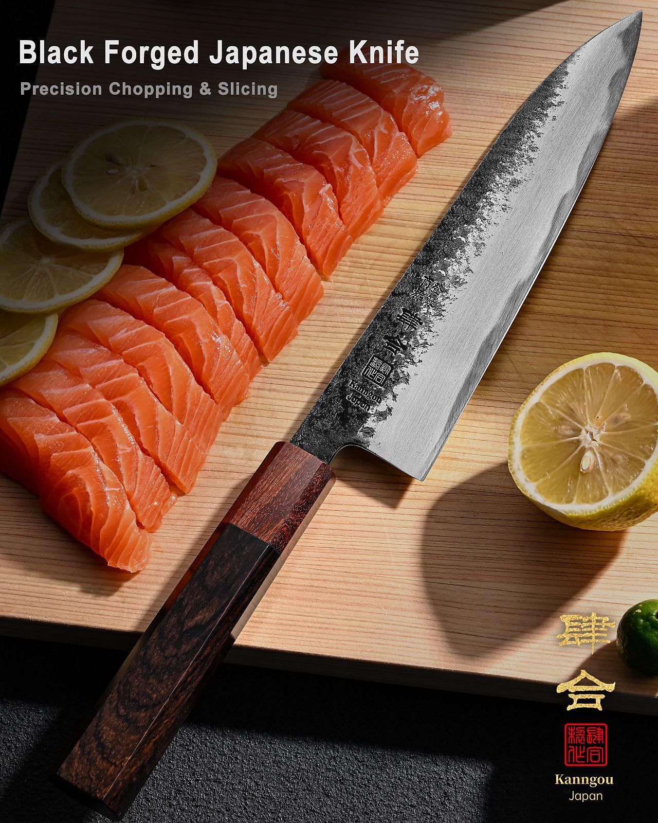 kanngou black-forged blade closeup highlighting durable finish and anti-rust benefit