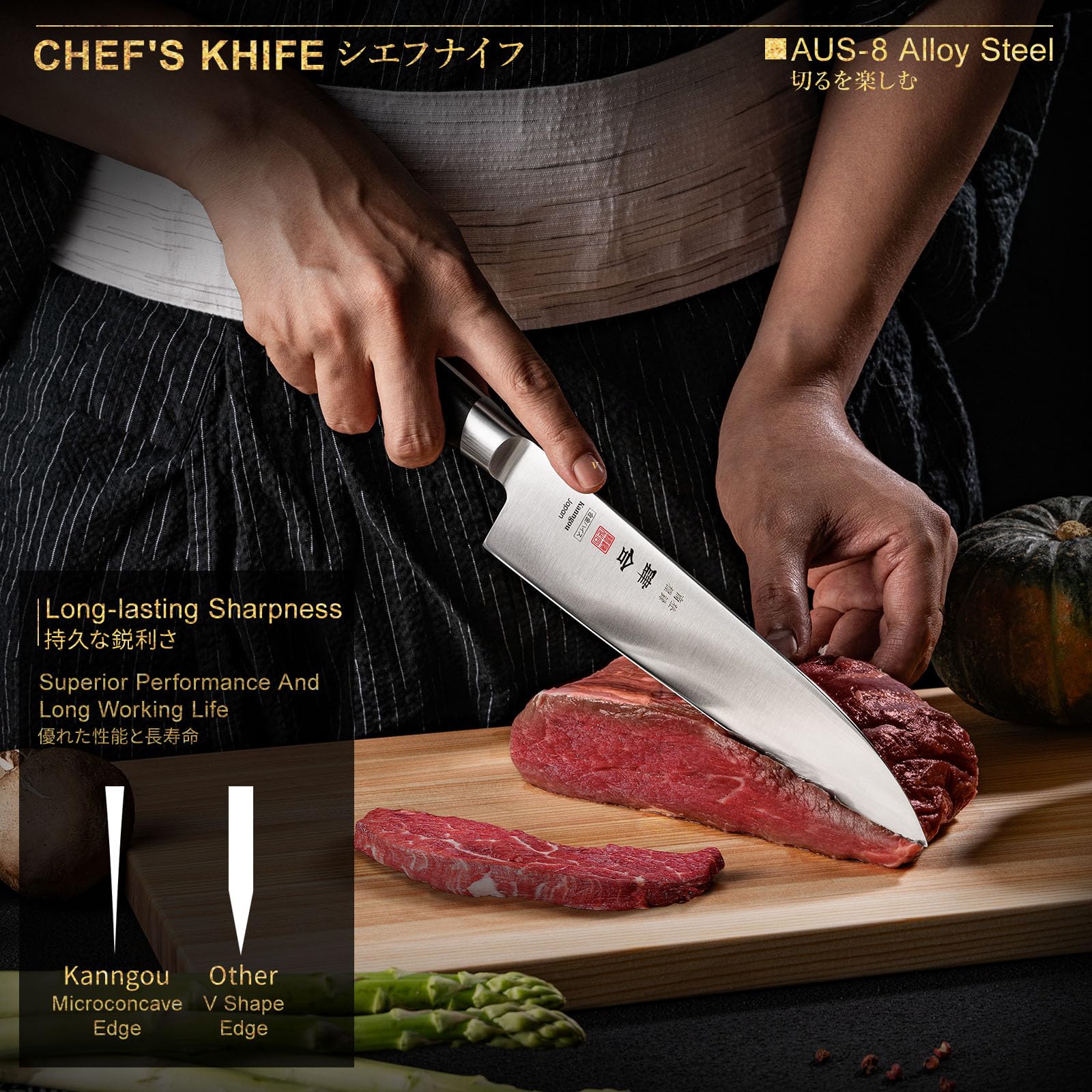 kanngou edge angle demo illustrating 15-degree bevel for acute slicing performance