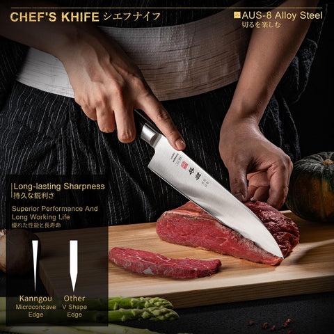 kanngou edge angle demo illustrating 15-degree bevel for acute slicing performance