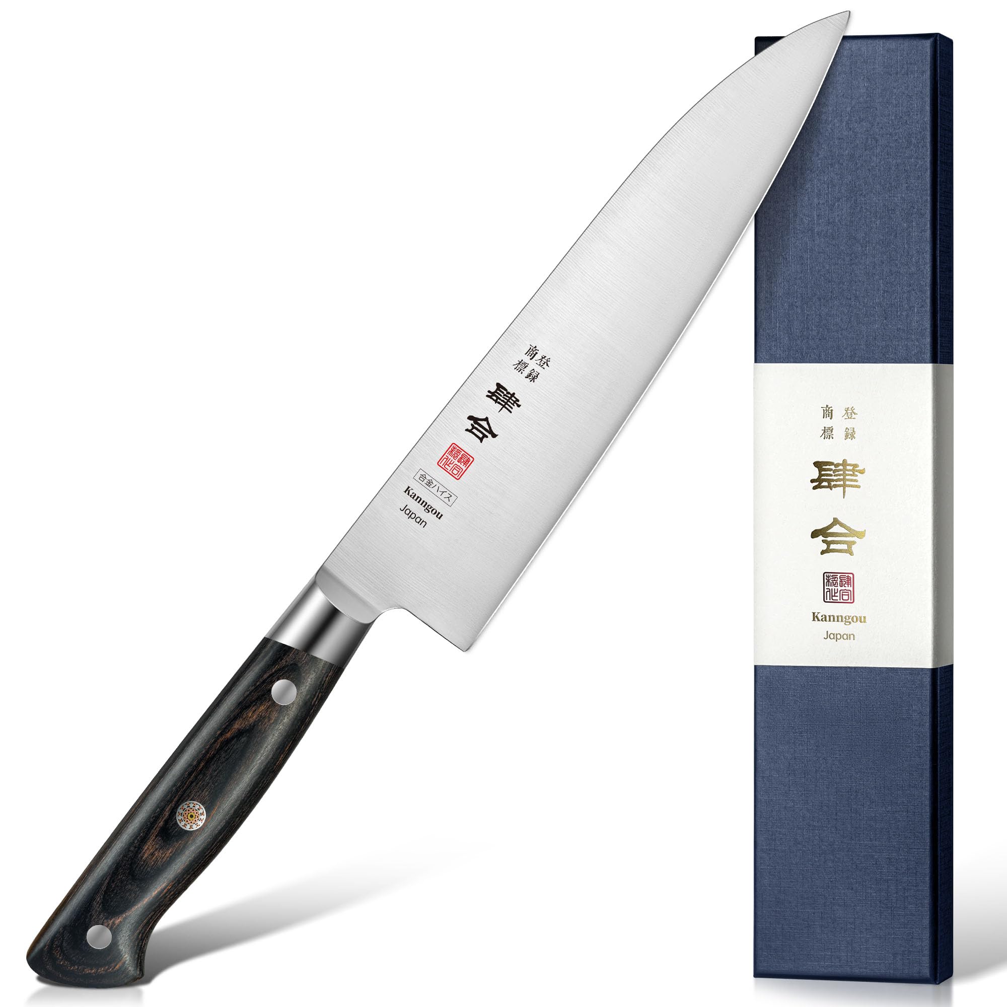 kanngou gyuto front view showing full blade and balanced profile for precise cuts