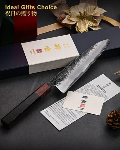 kanngou knife in use slicing vegetables demonstrating effortless, clean cuts