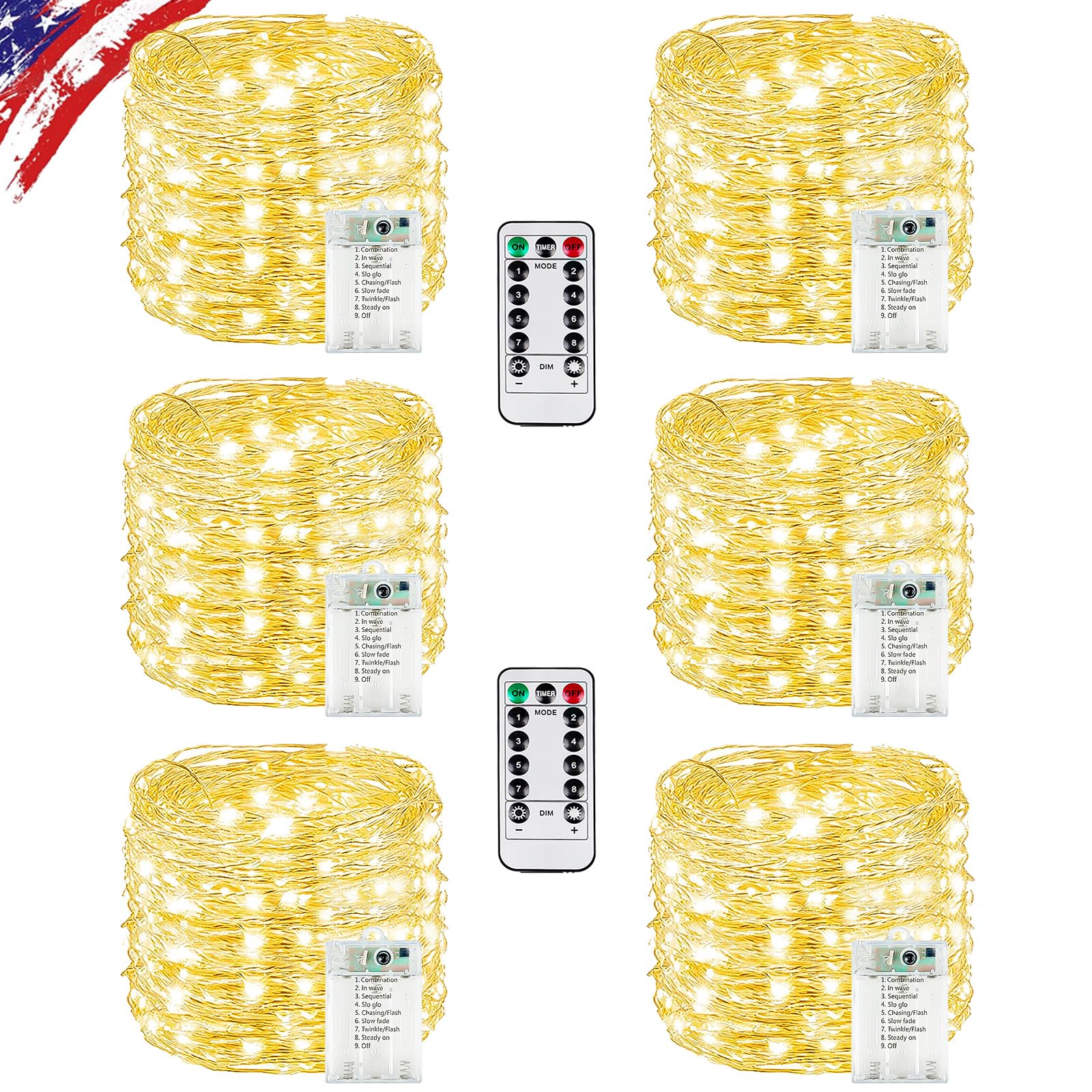 KAQ six-pack front view showing warm white LED strands and packaging for quick setup