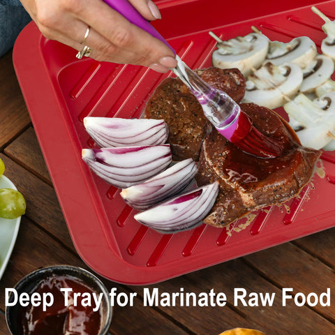 KAQAHIDO deep red tray holding marinating raw meat, keeps prep organized