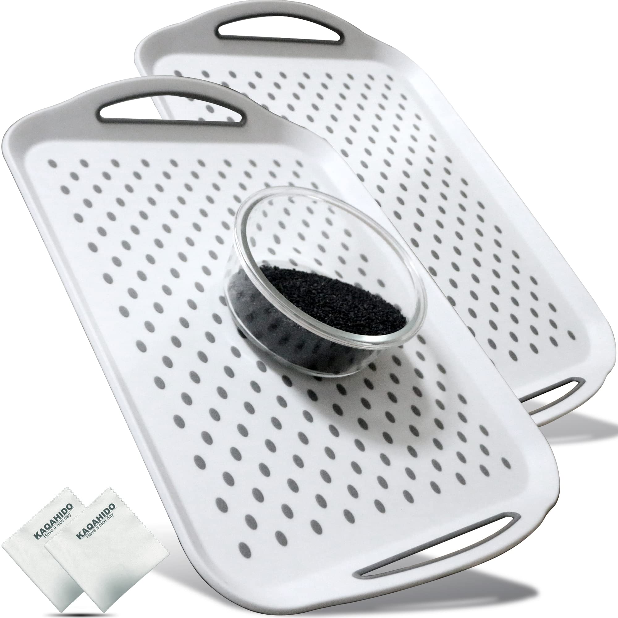 KAQAHIDO front view of both white serving trays showing handles and size for easy serving