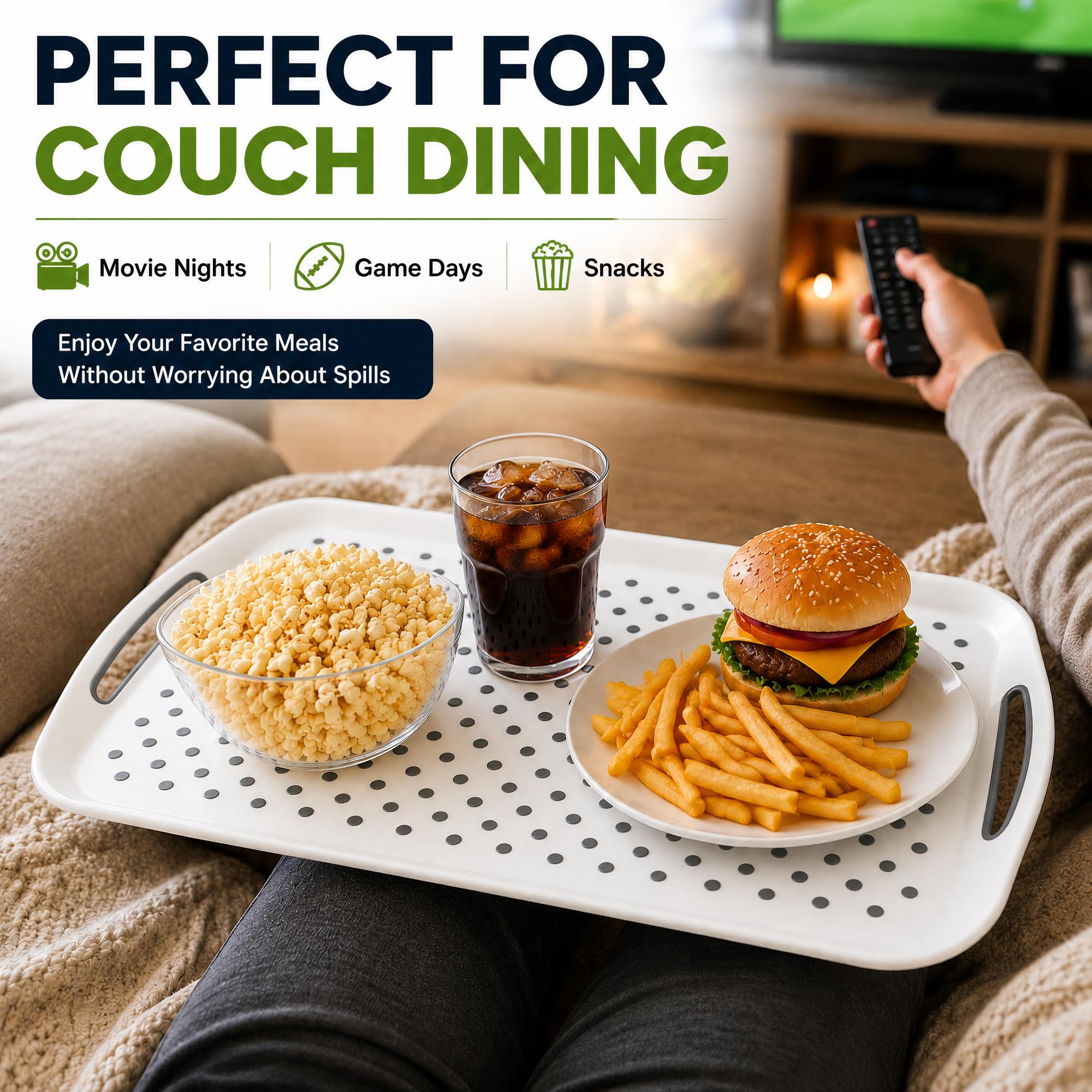 KAQAHIDO tray on lap holding plate and cup demonstrating stable lap dining benefit