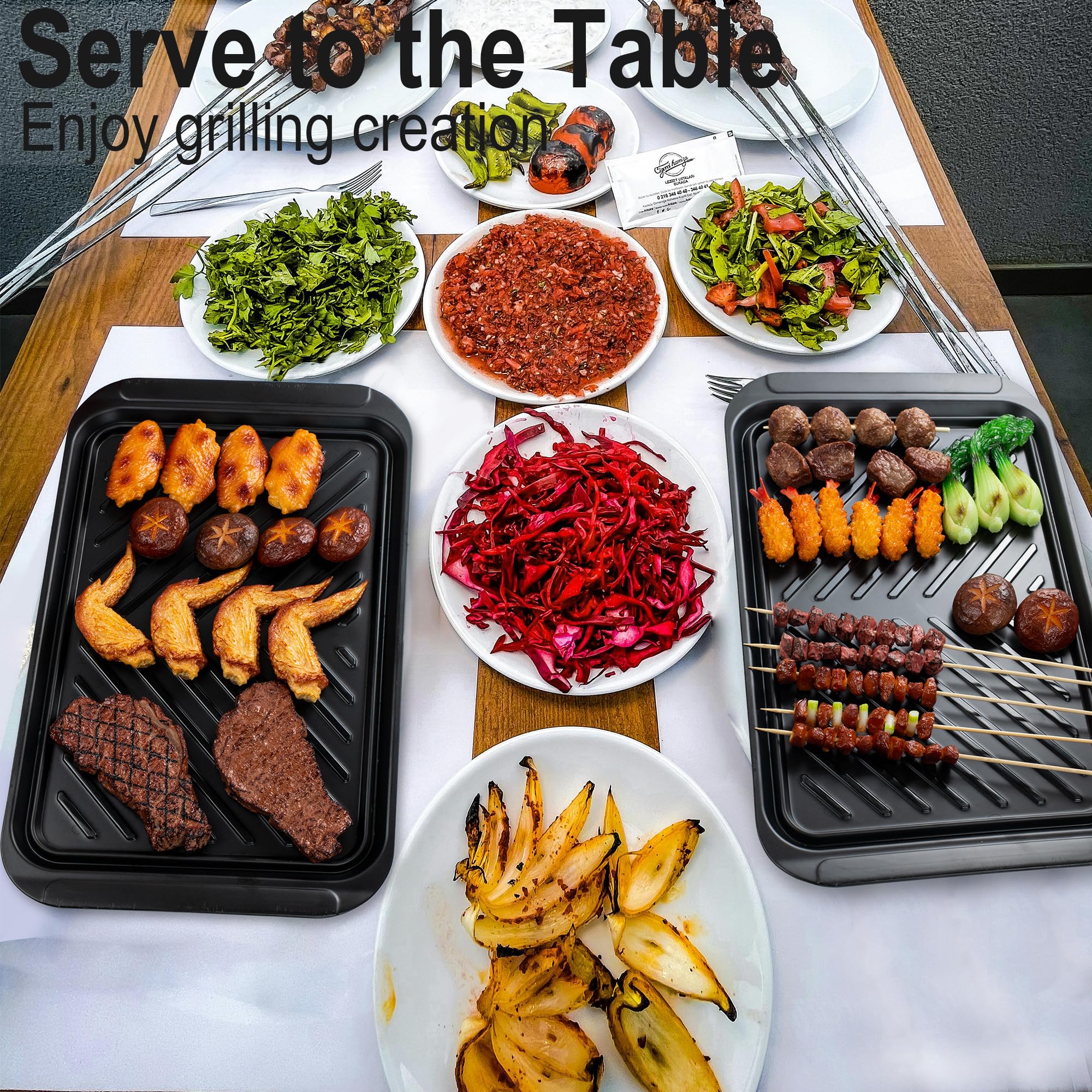 KAQAHIDO trays on picnic table near grill, ideal for outdoor entertaining