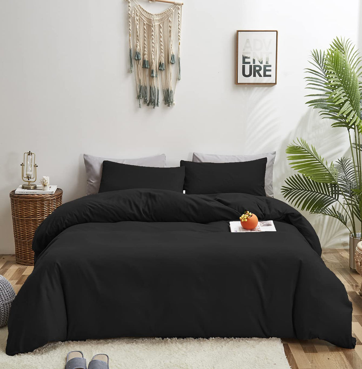 KAREVER front view of black comforter set showing neat styling and modern appeal
