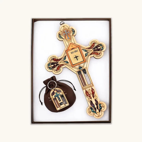 KARMA AND LUCK front view wooden cross plaque adds spiritual decor