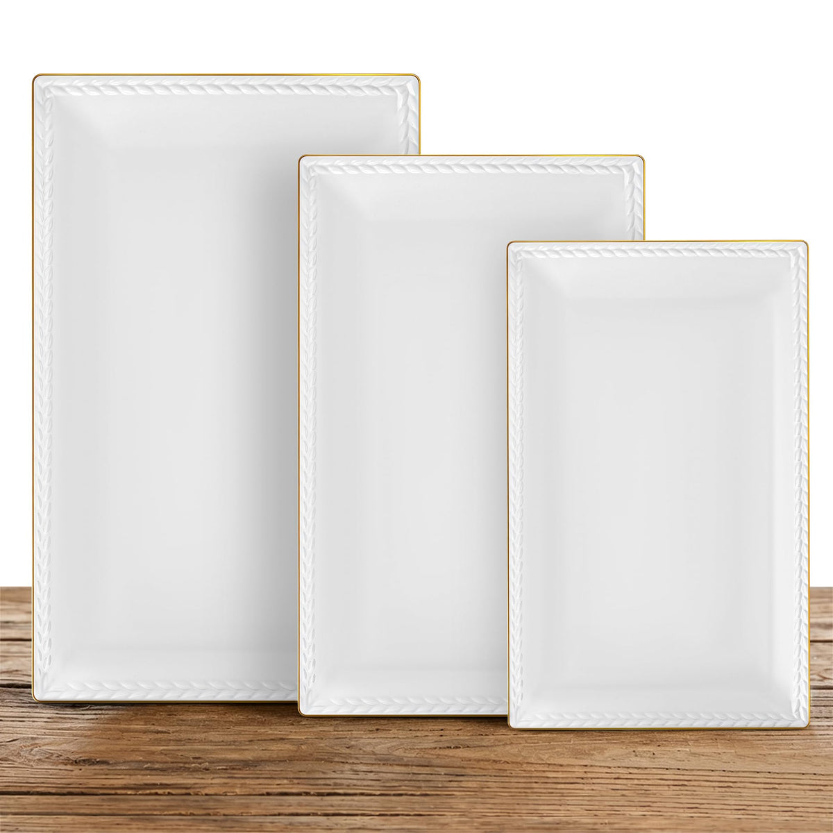 Kassel front view of three rectangular platters showing elegant presentation benefit