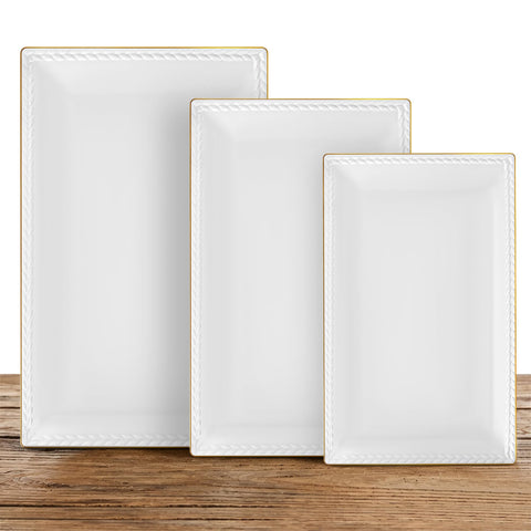 Kassel front view of three rectangular platters showing elegant presentation benefit